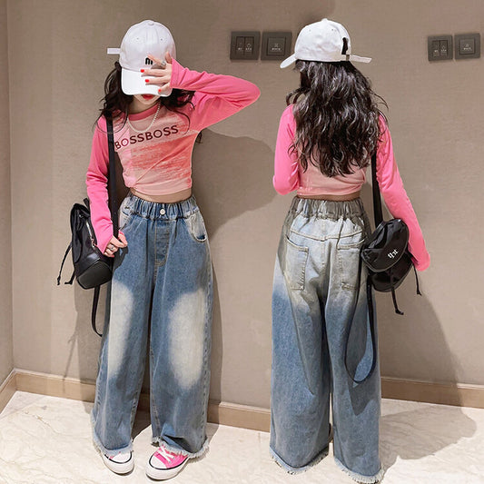 AO0712- 25 طقم بناتي قطعتين ( بلوزة قطنية ناعمة + بنطلون جينز )