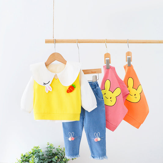 AO0111-22 طقم 3 قطع ( بلوزة مع قبة + فست + بنطلون جينز ناعم )