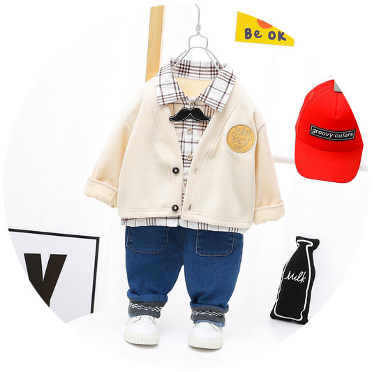 AS-1578B طقم 4 قطع ( قميص + جكيت + بنطلون جينز + ببيونة)