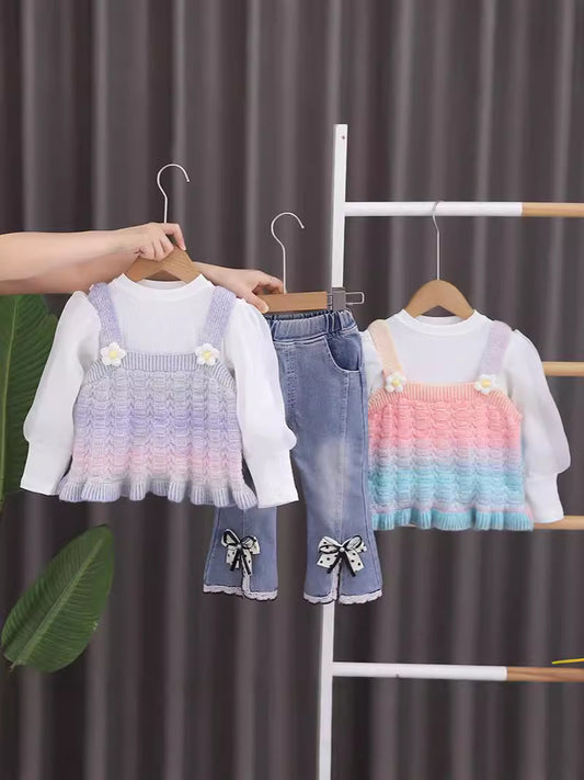 SSN040924-46 طقم جينز بناتي خريفي ربيعي 3 قطع ( بلوزة صوف + بلوزة قطنية + بنطلون جينز )