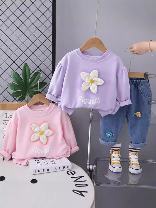 SSN040924-38 طقم بناتي جينز قطعتين ربيعي خريفي ( بلوزة + بنطلون جينز )