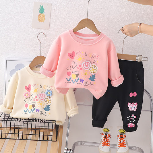 SSN040924-29 طقم بناتي قطن دافي خريفي ربيعي قطعتين ( بلوزة + بنطلون)