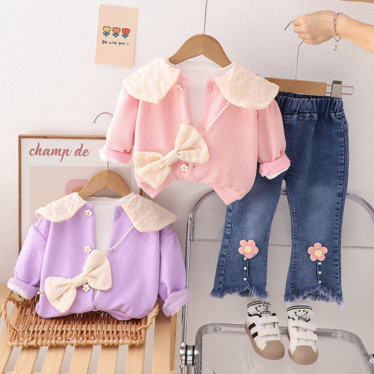 RM231223-9 طقم بناتي 4 قطع ( بلوزة قطنية + جكيت + بنطلون + اكسسوار الببيونة)