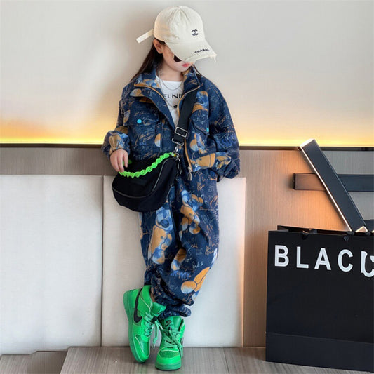 AO0712-23 طقم جينز تقيل بناتي فلو ( جكيت + بنطلون)