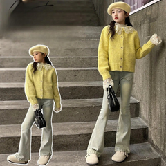 WZH191124-26 طقم قطعتين ( جكيت صوف بالدانتيل + بنطلون جينز )