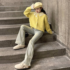 WZH191124-26 طقم قطعتين ( جكيت صوف بالدانتيل + بنطلون جينز )