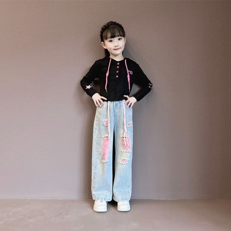 RM171223-31 طقم بناتي قطعتين (بلوزة قطنية + بنطلون جينز ناعم)