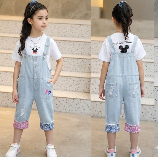 طقم جينز بناتي قطعتين ( بلوزة قطن + (افرهول جينز ) SSP-1638G
