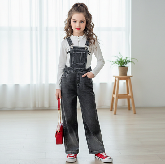 AO0712-17 طقم جينز بناتي قطعتين ( بلوزة قطنية + أفرهول جينز )