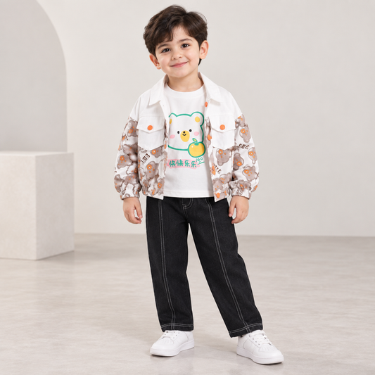 RM231223-26 طقم ولادي مميز بجي 3 قطع ( بنطلون جينز ناعم+ بلوزة قطنية + جكيت كتان ناعم)
